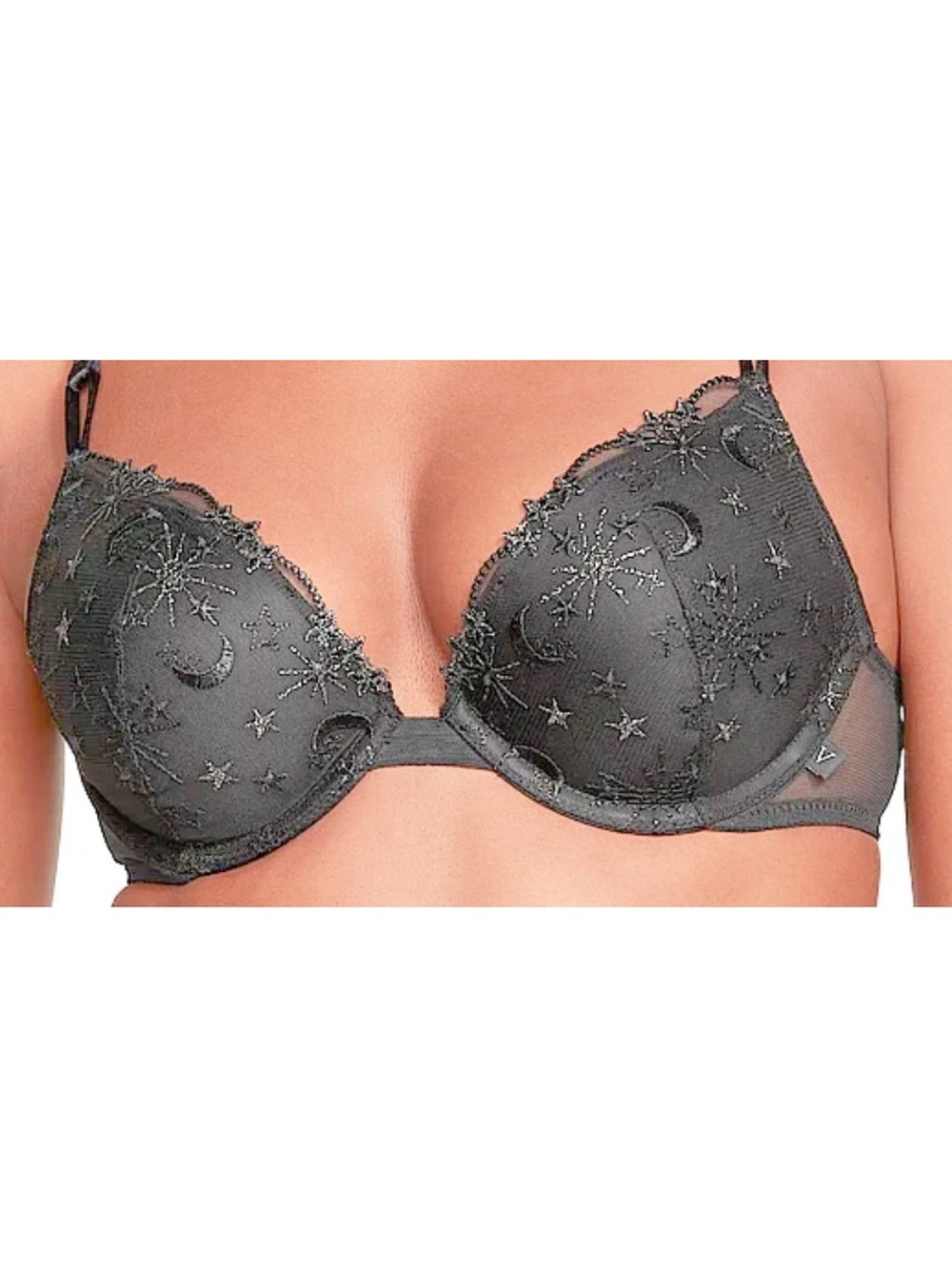 Embroidered Celestial Push-Up Bra - Black